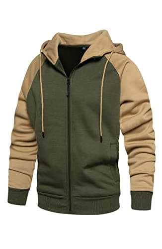 Image of Wirltte Mens Hoodies Zip Up Hoodie Patchwork Fleece Jacket Winter Warm Hooded Khaki L
