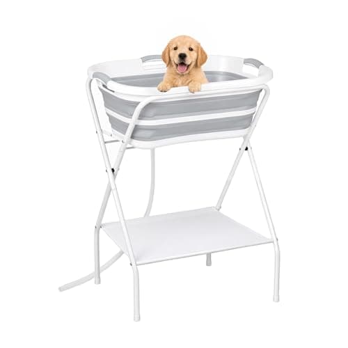 Image of M.J COMFY-LIFE 2 in 1 Elevated Dog Bathtub Washing Station, Foldable Portable Pet Bath Tub with Drain Hose and Storage Shelf, Collapsible Grooming Shower for Small Dogs Cats, Indoor Outdoor Use