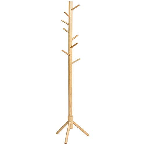 Image of IBUYKE Wood Coat Rack Free Standing, Entryway Hall Tree Coat Tree, Adjustable Coat Tree with 8 Hooks, for Home or Office Clothes, Scarves, Handbags, Natural Color RF-1193