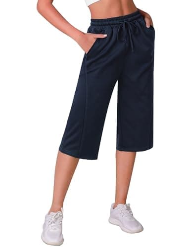 Image of Crewhpo Women's Capri Sweatpants 3/4 Length Cropped Trousers Straight Leg Summer Lounge Joggers Tracksuit Bottoms with Pockets