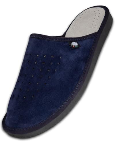 Image of FOOTHUGS Men's Slippers Memory Foam Plantar Fasciitis Orthotic Leather Mens Mule Slippers | Arch Support Slippers For Men | Regular Fit (8UK/42EU, Navy Blue)