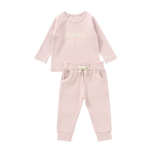 Image of cribstar Personalised Baby Ribbed Tracksuit Set Organic Cotton Custom Embroidered Name 2 Piece Outfit Toddler Boys Girls Unisex Gift (Dusty Pink, 6-12 months)