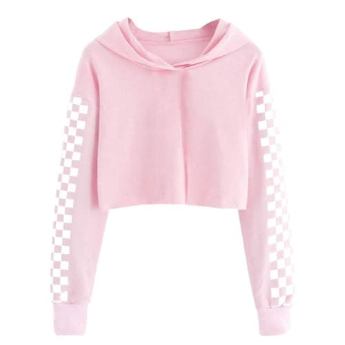 Image of BOVOSHA Kids Hoodies For Girls Crop Top Plaid Long Sleeve T Shirts Boys Hooded Sweatshirt Casual Clothes (Pink, 9-10T)
