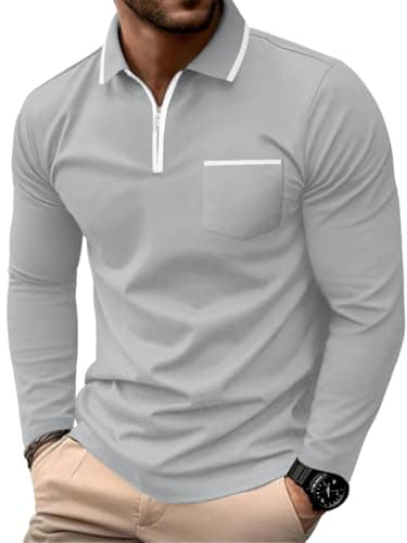 Image of PrinStory Mens Long Sleeve Polo Shirts Quarter Zip Polo Shirts Golf Tennis Tops Casual Cotton Tee Tops with Pockets (Gray, XL)