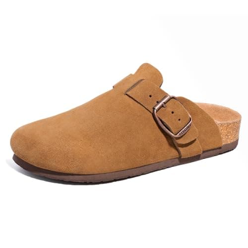 Image of FITORY Mens Suede Clogs with Arch Support,Leather Cork Footed Mules Brown Size 9.5