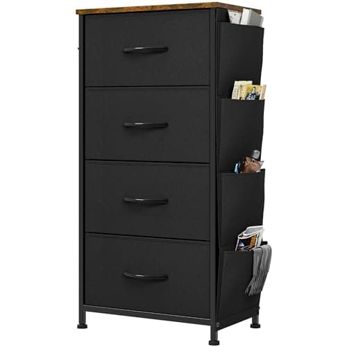 Image of YITAHOME Chest of Drawers, Dresser with side pockets & hooks, Fabric 4 Drawers with Handles, Metal Frame, Wood Top, for Bedroom,Living Room,Hallway, Black