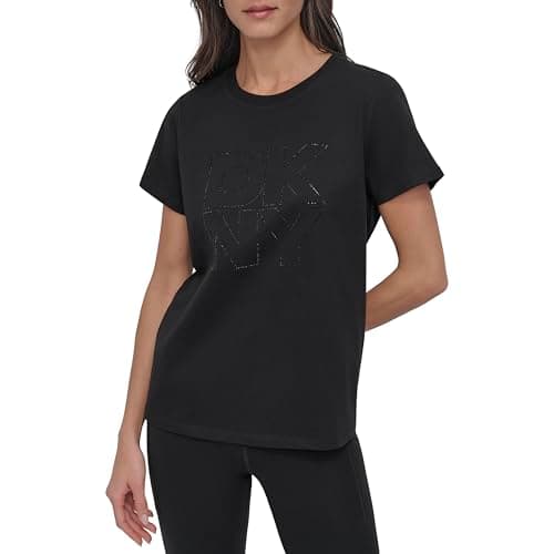 Image of DKNY Women's Stacked Rhinestone Outline Graphic Crew Neck Tee T-Shirt, Black, M