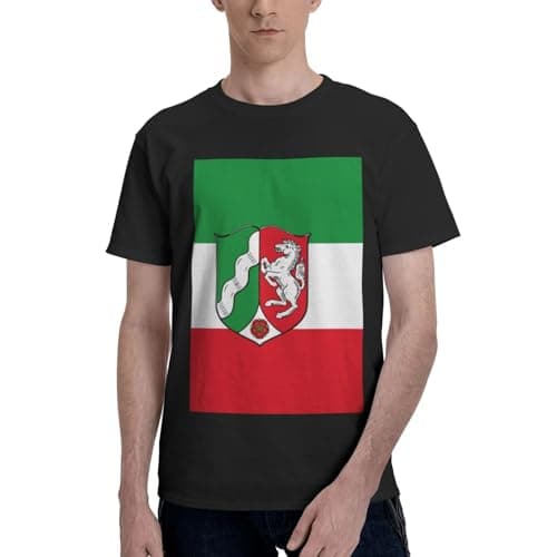 Image of Flag of North Rhine Westphalia Print T Shirts, Short Sleeve Crew Neck T-Shirt, Slight Stretchy Cotton Tee Tops for Men and Women Black