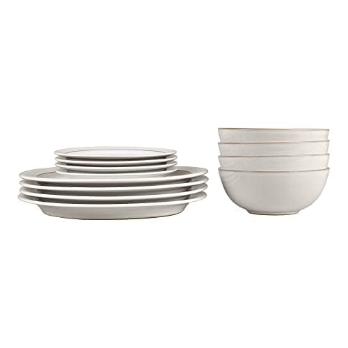 Image of Denby - Natural Canvas Dinner Set for 4-12 Piece White, Beige Ceramic Stoneware Tableware Plate & Bowl Set - Dishwasher Safe Crockery - Includes 4 x Dinner Plates, Small Plates, Cereal Bowls