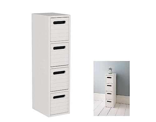 Image of Homme Concept - White Slimline Bathroom Storage Cabinet, Narrow 4 Drawer Storage Unit, Wooden Bathroom Floor Cabinet, Fully Assembled, Freestanding for Living Room, Dining Room, Kitchen, Bedroom.