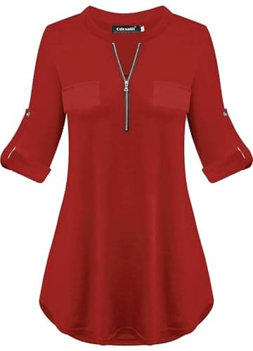 Image of Odosalii Tunic Tops for Women UK Plus Size Clothing Womens Going Out Tops V Neck Long Sleeve Red T Shirts Size 22 24