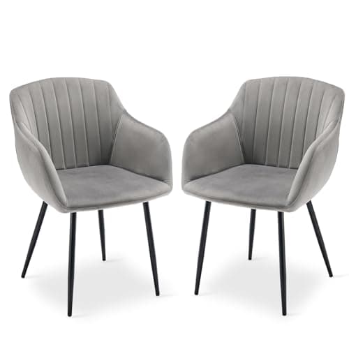 Image of Goeurvant Modern Velvet Dining Chairs Kitchen Chairs Set of 2 Light Grey Upholstered Chair with Armrests and Metal Legs