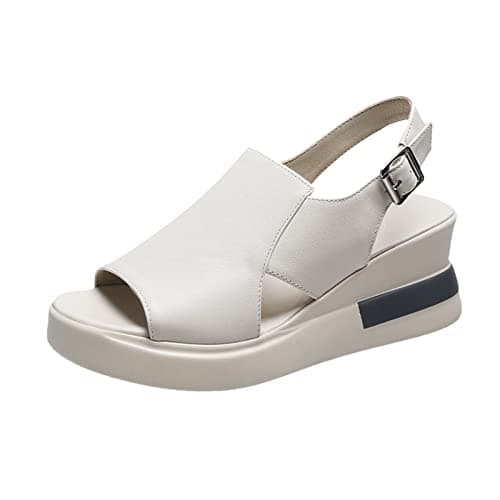 Image of HEONSATI Chunky Platform Sandals Summer Orthopedic High Heel Slingback Open Toe Bohemian Platform Court Wide Width Sandals Women Leather Wedge Walking Espadrille Beach Ankle Strap Casual Shoes