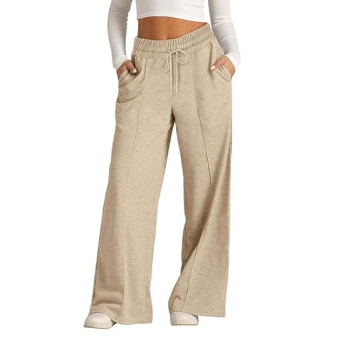 Image of HOOUDO Wide Leg Joggers for Women UK Baggy Elastic High Waisted Sweatpants Loose Casual Tracksuit Bottoms Ladies Lounge Trousers Jogger Pants for Sport Yoga Running Senior Deals of The Day Beige