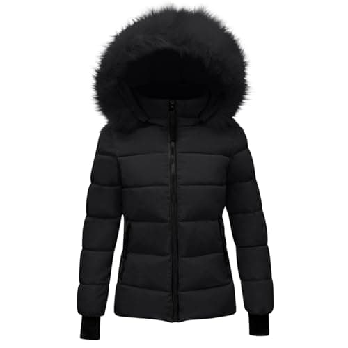 Image of KUIH Women's Coats Ladies Winter Coat with Fur Hood Plain Quilted Puffer Jacket Hooded Parka Coat Warm Coat Thermal Outerwear Outdoor Down Coats Padded Jackets Thicken Overcoat Womens Coats Size 16
