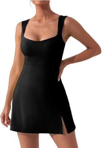Image of Zesoyne Womens Tennis Dress Built in Bra Square Neck Sleeveless Workout Athletic Mini Short Dress Golf Summer Outfits XL Black