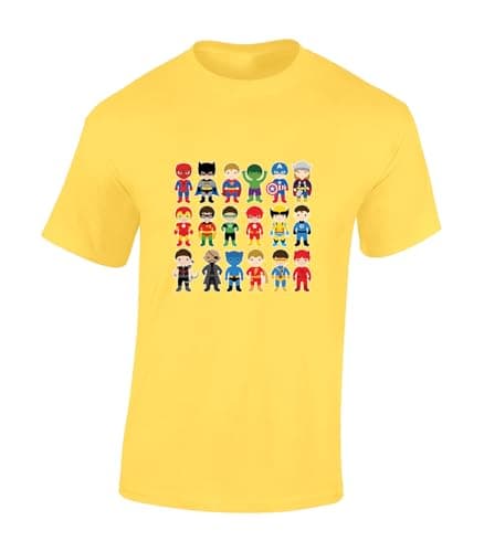 Image of Crown Designs Cute Superheros Super Hero Movie & Comic Book Fan Premium Quality Regular Fit T-Shirt Top for Men and Teens - Yellow/L