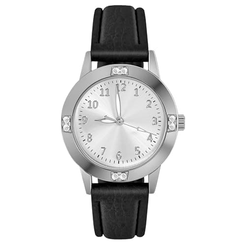 Image of AOOSU Women's Leather Quartz Watch, Easy Read Ladies Watches, 3 Hand Quartz Watch with Diamond Waterproof Fashion Premium Wrist Watch for Women Ladies Girls Silver-Black