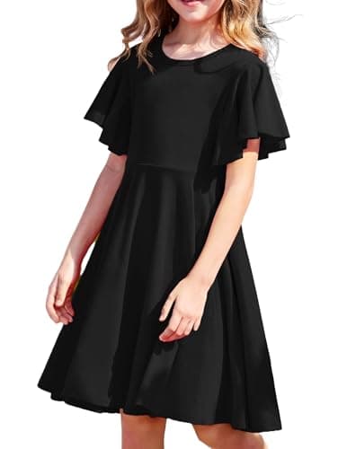 Image of Arshiner Dress Girls Short Sleeve Summer Dresses Cotton Children's A-Line Party Swing Dresses Back to School Casual Dress Black Children Clothing with Pocket 160 Age 12-13