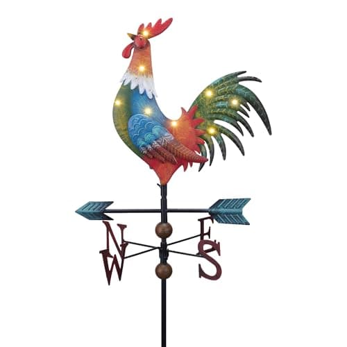 Image of TERESA'S COLLECTIONS Garden Ornaments Outdoor, 86cm Metal Rooster Weather Vane with Solar Light, Waterproof Garden Stake Decoration for lawn,Yard & Eave, Gifts for Women, Red