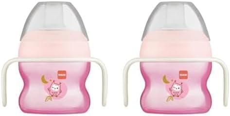 Image of MAM Starter Cup Glow in The Dark Handles, Baby Cup for 4+ Months, Baby Feeding, Glow in The Dark Toddler Cup, 1x 150 ml, Pink (Designs May Vary) (Pack of 2)