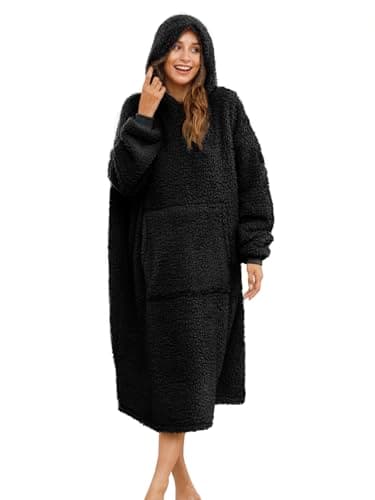 Image of ililmmoe Sherpa Wearable Blanket Oversized Hoodie Sweatshirt TV Blanket with Long Sleeves and Pocket-Black