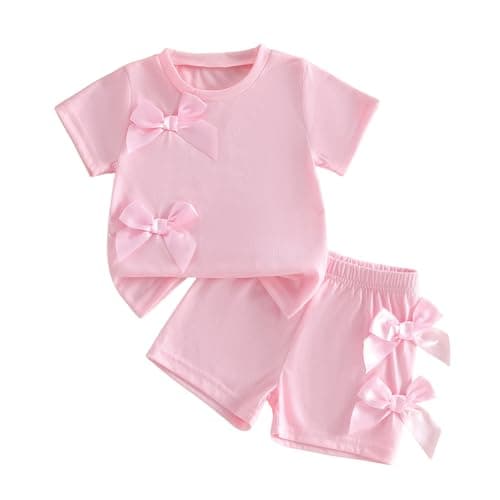 Image of JCOPLY Toddler Baby Girl Summer Clothes Solid Color Crew Neck Bow Decor Tshirt Tops and Elastic Waist Shorts Sets Kids Short Outfits Two Piece Clothing (Pink, 6-12 Months)