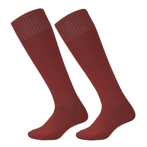Image of Brillars 2 Pairs Plain Men’s Football Sports Socks Maroon - Knee High Long Rugby Hockey Sock Adults UK 6-11 Outdoor Game Running | Team Kit | Lightweight | Breathable