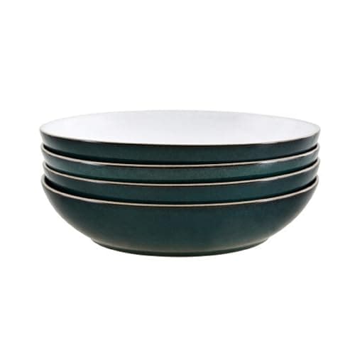 Image of Denby - Greenwich Pasta Bowls Set of 4 - Dishwasher, Oven, Microwave, And Freezer Safe, 1050ml, 22cm - Green, White Ceramic Stoneware Tableware - Chip & Crack Resistant