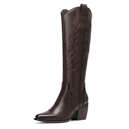 Image of DREAM PAIRS Women's Brown Knee High Boots, Size 5, Model SDKB224W, Western Cowgirl Boots with Embroidered Design and Zipper Closure