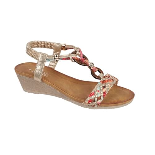 Image of Jo & Joe Ladies Mid Heel Wedge Comfort Sandal with Glitzy Jewels and Elasticated Slingback Strap, Flexible sole sizes 4-8 (Gold 2, UK Footwear Size System, Adult, Women, Numeric, Medium, 6)