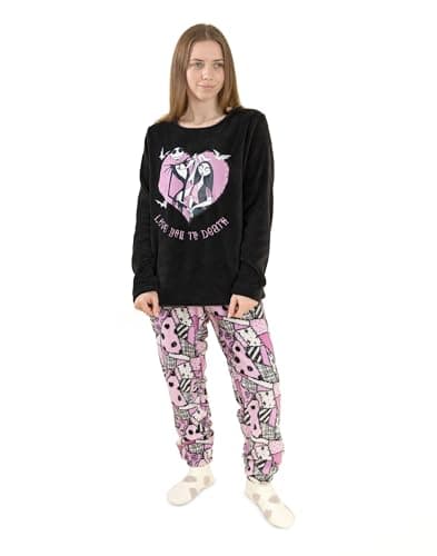 Image of Disney The Nightmare Before Christmas Jack Skellington & Sally Womens Black & Pink Long Sleeve Long Leg Pyjama Set | Cosy Fleece Sleepwear | Love You To Death Quote Merch - Large