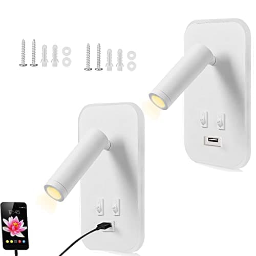 Image of Wall Mounted Reading Lamp with USB Connection, 3W + 9W 3000K LED Warm White Bed Lamp, Adjustable Spotlight Indoor Wall Lamp Bedroom with Switch for Bedroom Hotels White, Pack of 2