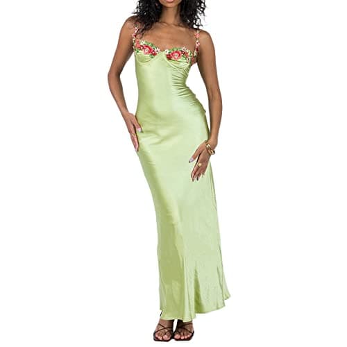 Image of Edhomenn Women Satin Maxi Dress Backless Spaghetti Strap Bodycon Dress Floral Wrap Vintage Long Dress (01 Green, S)