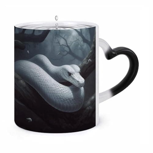 Image of peiyeety White Snake Mug Ceramic Heat Sensitive Color Changing Cup Personalized Heart-Shaped Handle Coffee Mug Creative Design Classic Water Cup for Men Women