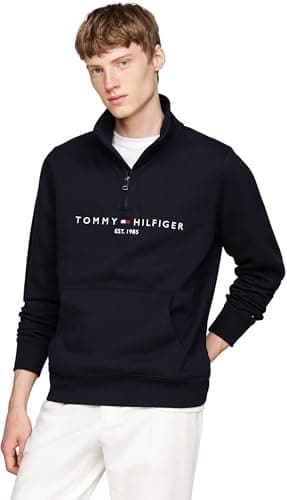 Image of Tommy Hilfiger Men’s Logo Mock Neck Zipped Logo Sweatshirt with Kangaroo Pocket, Blue (Desert Sky), S