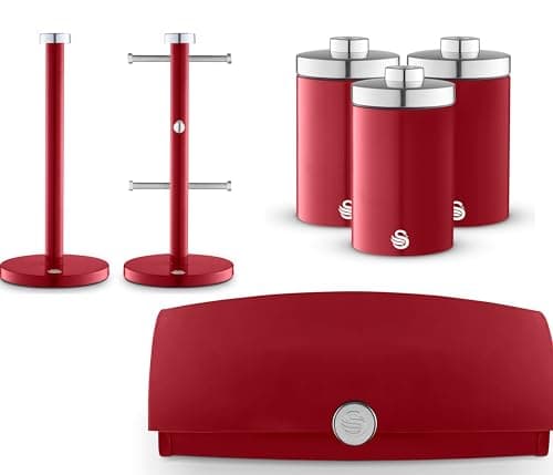 Image of Swan Townhouse Red Bread Bin, Tea, Coffee, Sugar Canisters, Mug Tree & Towel Pole. Contemporary Matching Kitchen Storage Set of 6