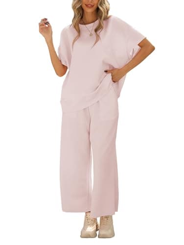 Image of Famulily Ladies Tracksuit Two Piece Outfits, Summer Lounge Wear Sets for Women UK Leisure Suits Oversized Tops and Wide Leg Trousers with Pockets (S, Pink)