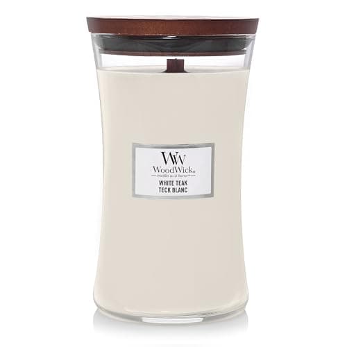 Image of Woodwick Large Hourglass Scented Candle | White Teak | with Crackling Wick | Burn Time: up to 130 Hours