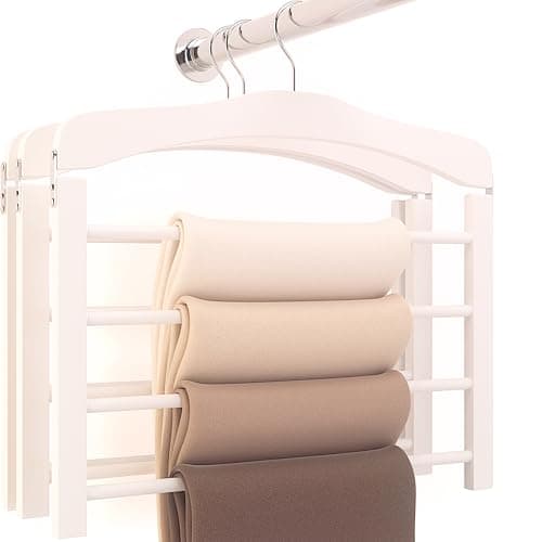 Image of Hangerworld 3 Pack of White Wooden Trouser Hangers - Multifunctional 4 Tier Clothes Storage Organiser with Non Slip Bars