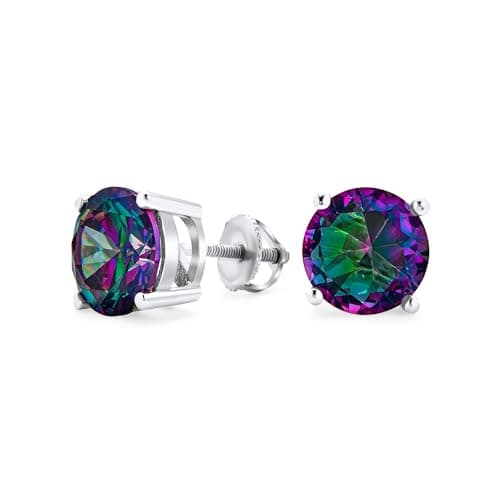 Image of Round Black Mystic Rainbow Cubic Zirconia Solitaire CZ Stud Earrings For Women .925 Sterling Silver Screw Back 6MM