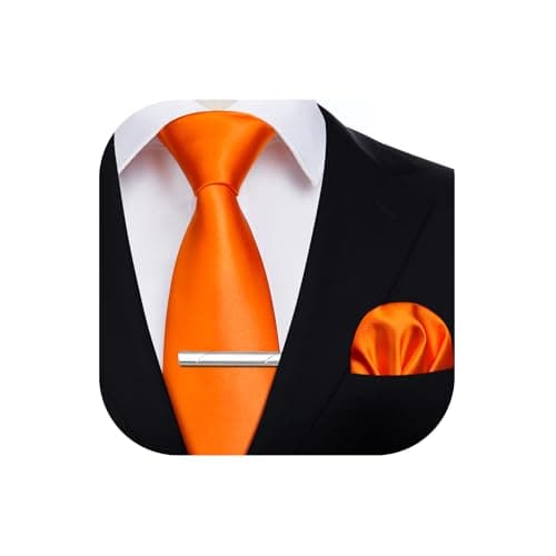 Image of HISDERN Men's Orange Ties Set Solid Color Necktie and Pocket Square with Tie Clip Formal Classic Neckties and Handkerchief for Wedding Business Party