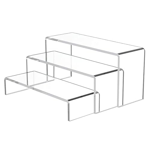 Image of DAWRIS 3 Pcs Acrylic Display Risers, Clear Rectangular Tiered Display Stand, 3 Step Tabletop Display Riser Shelf, Showcase Cupcake Dessert Stand for Collectibles Jewelry Figures Cupcake Cologne