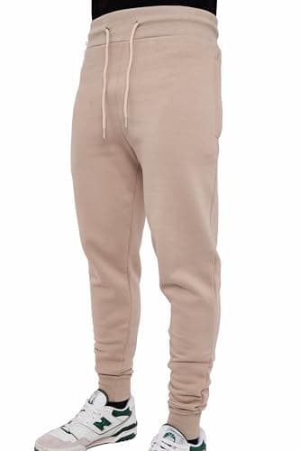 Image of LABEL APPAREL Men's Slim Fit Tracksuit Bottoms Skinny Trousers Sweat Pants Jogging Gym Joggers Causal Slim Fit Running Zipped Pockets Cotton Elasticated (Beige X-Large)