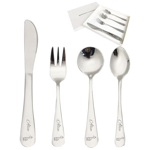 Image of Personalised Cutlery Set for Children Christening Gift for Boy Girls Knife Fork Spoon 4pcs Stainless Steel for Kids Toddler Cutlery Set Gifts in Gift Box Engraved Monkey Lion Giraffe Image 04