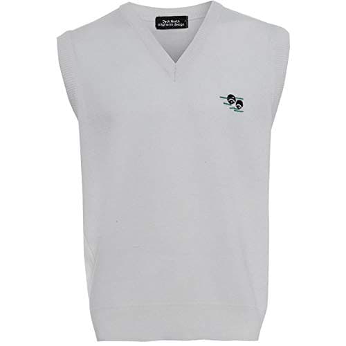 Image of JACK NORTH V-Neck Jumper for Men - White Knitted Sweater - Sleeveless Sports Pullover Tank Top with Bowling Bowls Logo - Regular Fit