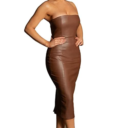 Image of Womens Faux Leather Bodycon Midi Dress, Women's Sexy Pu Strapless Tube Top Party Gown, Elegant Slim Fit Sleeveless Bandeau Cocktail Outfits, Solid Stretch Split Evening Clubwear Brown
