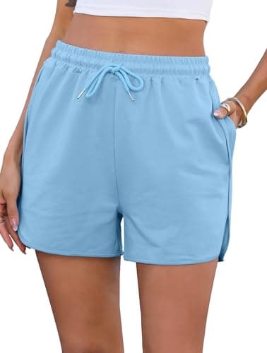 Image of Vlazom Women's Activewear Shorts Soft Cotton Summer Shorts Sports Short Trousers with Drawstring Pockets for Gym Workout Lounge Casual Light Blue,M