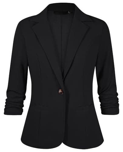 Image of Kyzoeyou Padded Shoulder Blazer for Womens UK 3/4 Ruched Sleeve Pockets Jackets Casual Daily Wear Jackets Ladies Blazers Office Suits(Black XL)