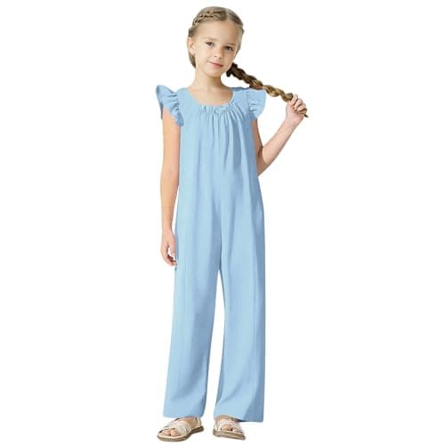Image of Girls Wide Leg Jumpsuit Ruffle Sleeve Solid Color Crew Neck Kids Pleated Casual Overalls Sleeveless Smocked Plain Outfits Loose Comfy Breathable Onesie (Blue, 9-10 Years)